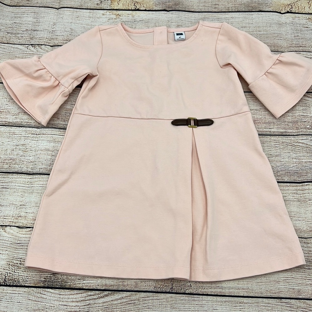 Janie and Jack Pink Bell Sleeved Dress with Leather Detail Sz 2T